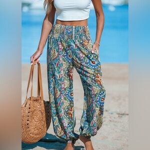 Cupshe Paisley Smocked Waist Tapered Leg Cover-Up Pants